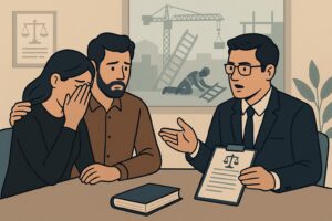 Grieving family meeting with a lawyer in an office after a fatal construction accident, illustrated with a construction site visible through the window.