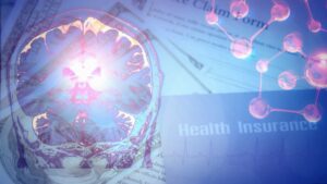 double exposure background of health insurance card on insurance claim form with pen overlay with x-ray photo of human brain and pulse of heart