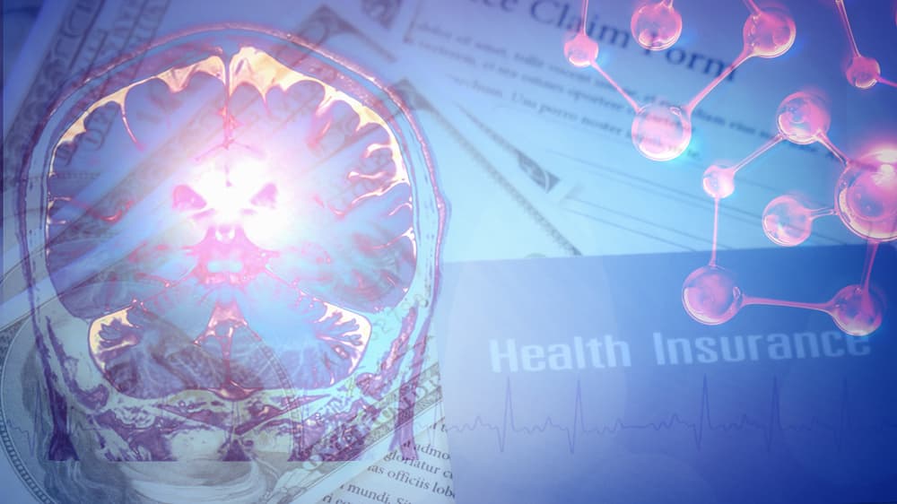 double exposure background of health insurance card on insurance claim form with pen overlay with x-ray photo of human brain and pulse of heart