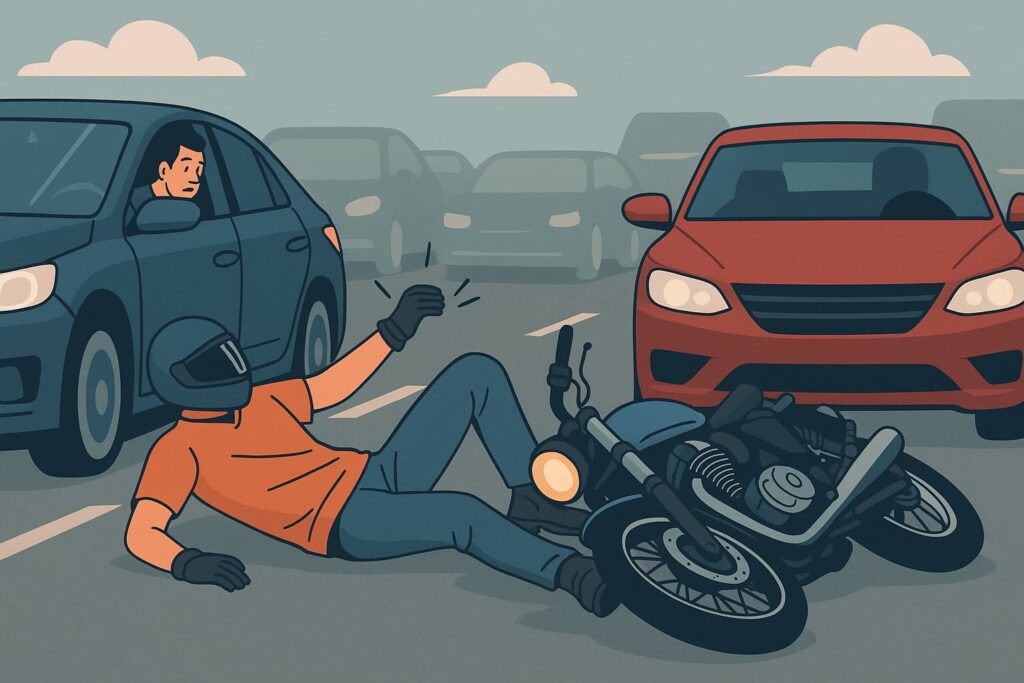 Illustration of a motorcycle accident on a highway with an injured rider, surrounding traffic, and bystanders reacting at the scene.