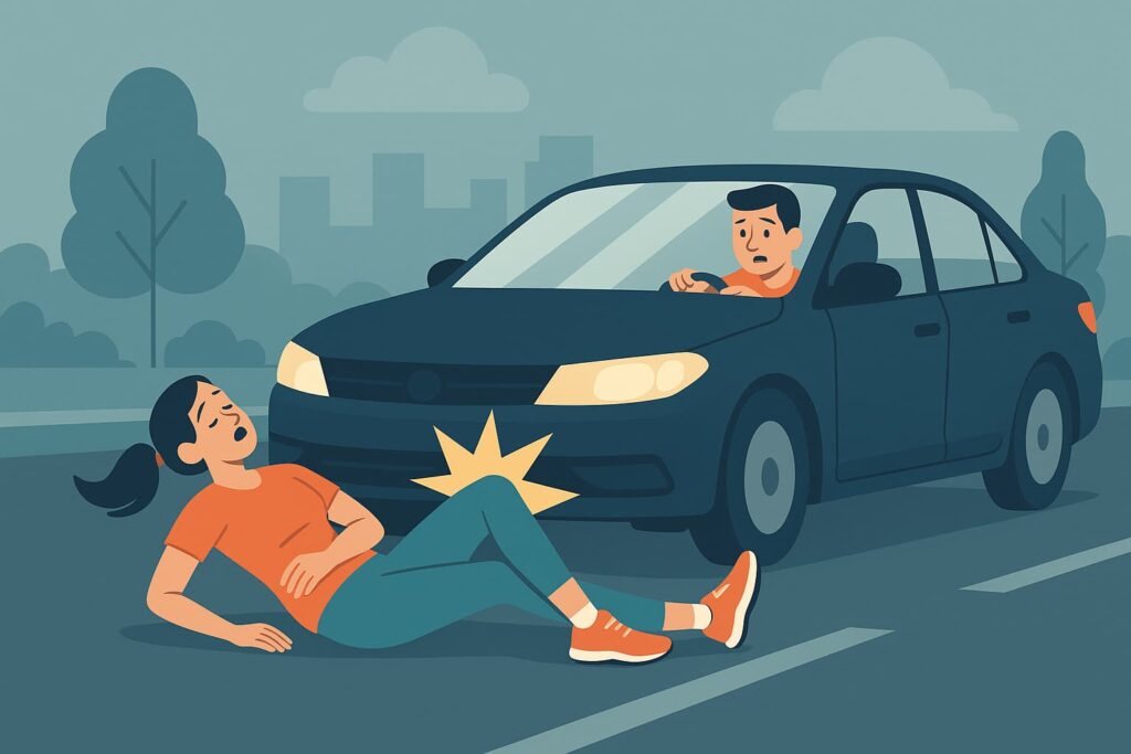 Illustration of a pedestrian accident involving a jogger and a car at a city crosswalk, depicting emergency response and concern after the incident.