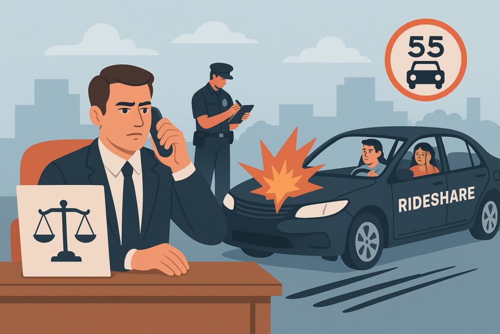 Illustration of a car accident involving a speeding rideshare vehicle, with an attorney in the foreground representing a personal injury case.