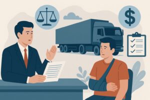 Illustration of a lawyer advising an injured man about a truck accident settlement, with legal icons and a commercial truck in the background.