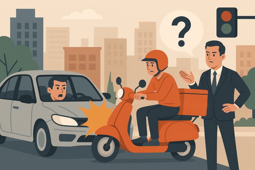 A food delivery scooter collides with a silver sedan in an urban street setting, while a lawyer stands nearby gesturing with concern and a red traffic light signals above.
