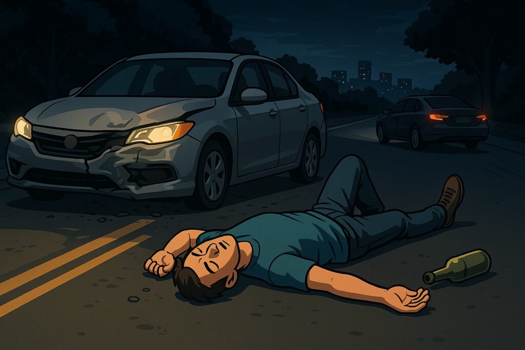 Illustration of a hit-and-run accident with a drunk driver fleeing the scene, leaving an injured person on the road, and a damaged car in the background.