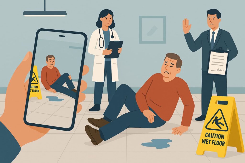 Injured man on floor after slipping on a wet surface in a public building, with a caution sign nearby, a doctor and security staff assisting, and a bystander documenting the scene on a smartphone.
