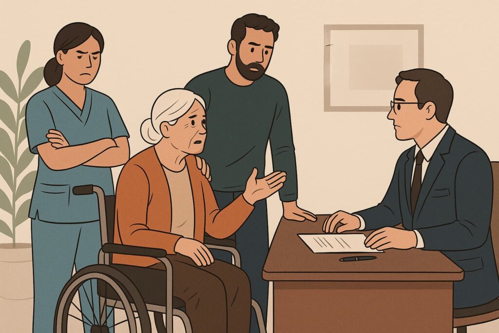 Concerned family members speak with a nursing home administrator as an elderly woman in a wheelchair voices her complaint, highlighting neglect issues.