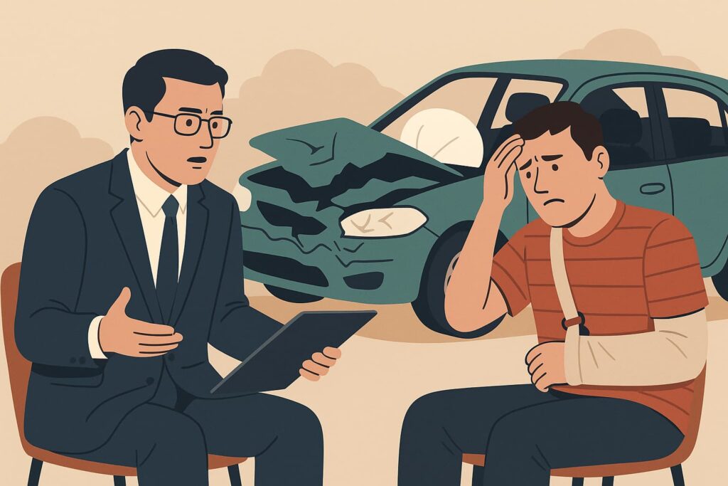 Flat-style illustration of a lawyer consulting with an injured driver in front of a damaged car with a deployed airbag after a vehicle accident.