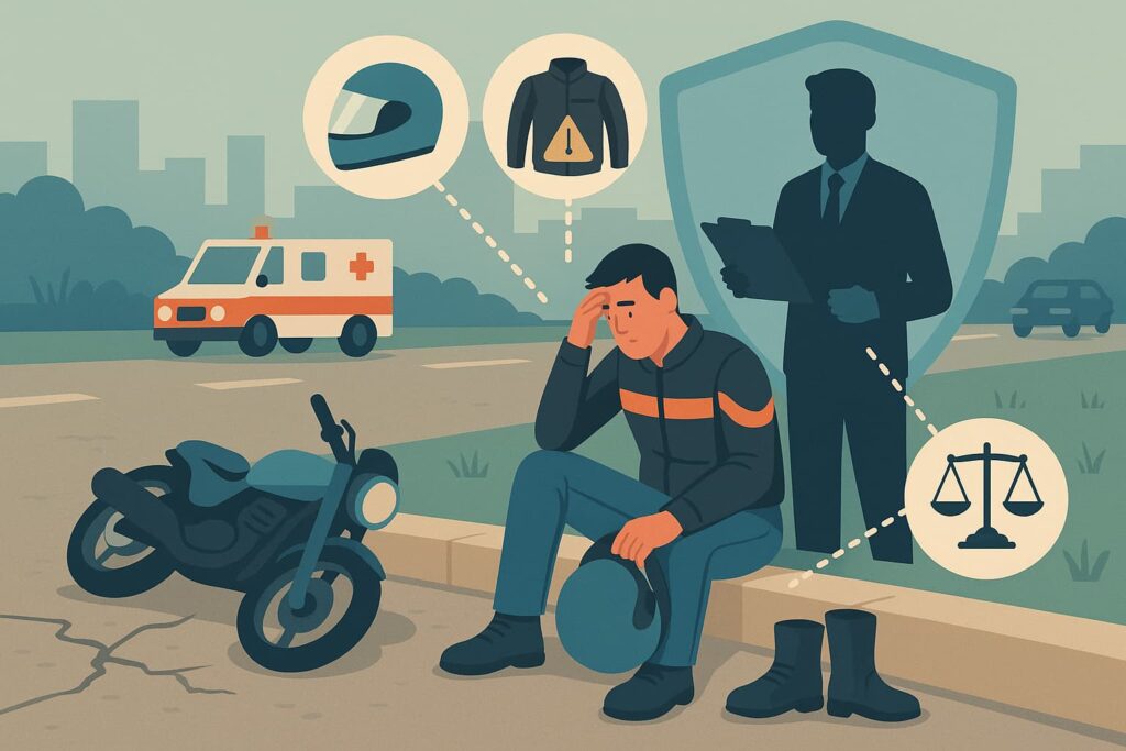 Flat-style illustration of a motorcycle accident scene showing a rider with partial protective gear beside a crashed bike, a lawyer offering legal help, and icons representing how gear like helmets, jackets, and boots affect legal claims after a motorcycle crash.