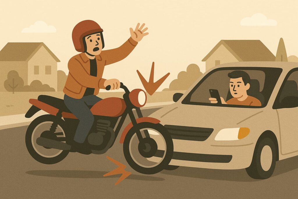 Flat-style illustration of a motorcyclist being hit by a distracted driver using a smartphone in a suburban neighborhood, capturing the moment of impact and danger.