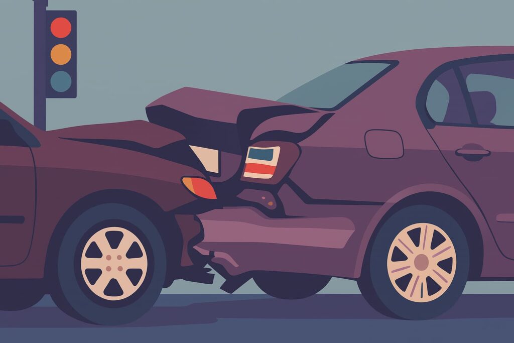 Flat-style digital illustration of a rear-end car accident at a stoplight, showing a maroon car colliding into the back of a purple sedan with visible damage to both vehicles.