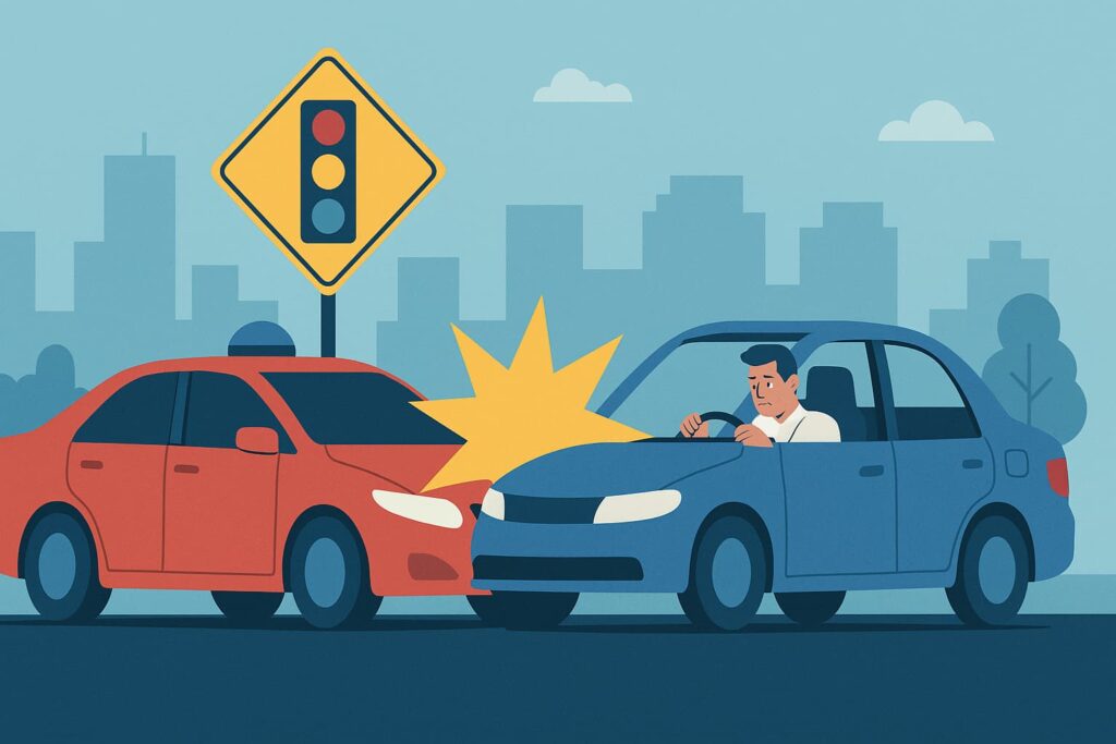 Flat-style digital illustration showing a collision between a self-driving car and a human-driven vehicle at an intersection with a traffic sign.