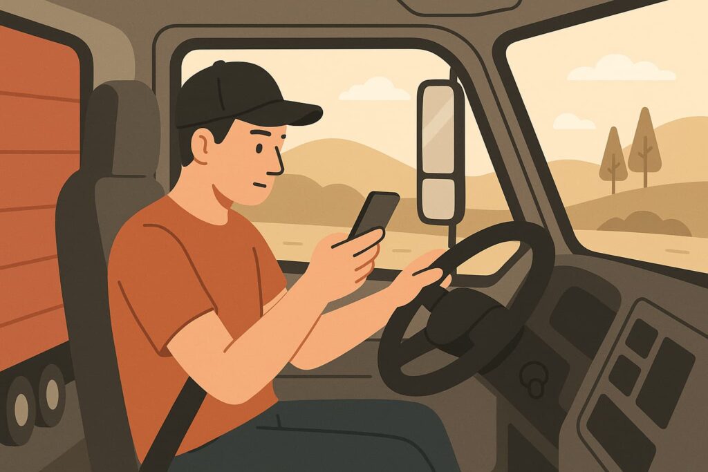 Flat-style digital illustration of a male truck driver distracted by texting on his smartphone while operating a red semi-truck on a rural road.