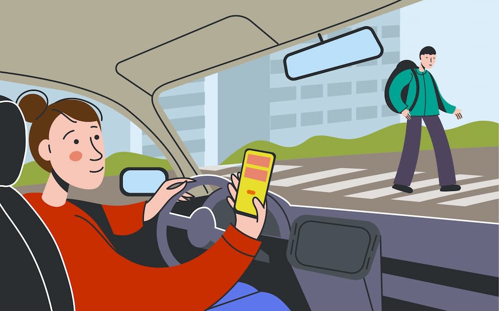 Distracted driver using a phone while approaching a pedestrian at a crosswalk, illustrating the dangers of texting and driving in urban areas.