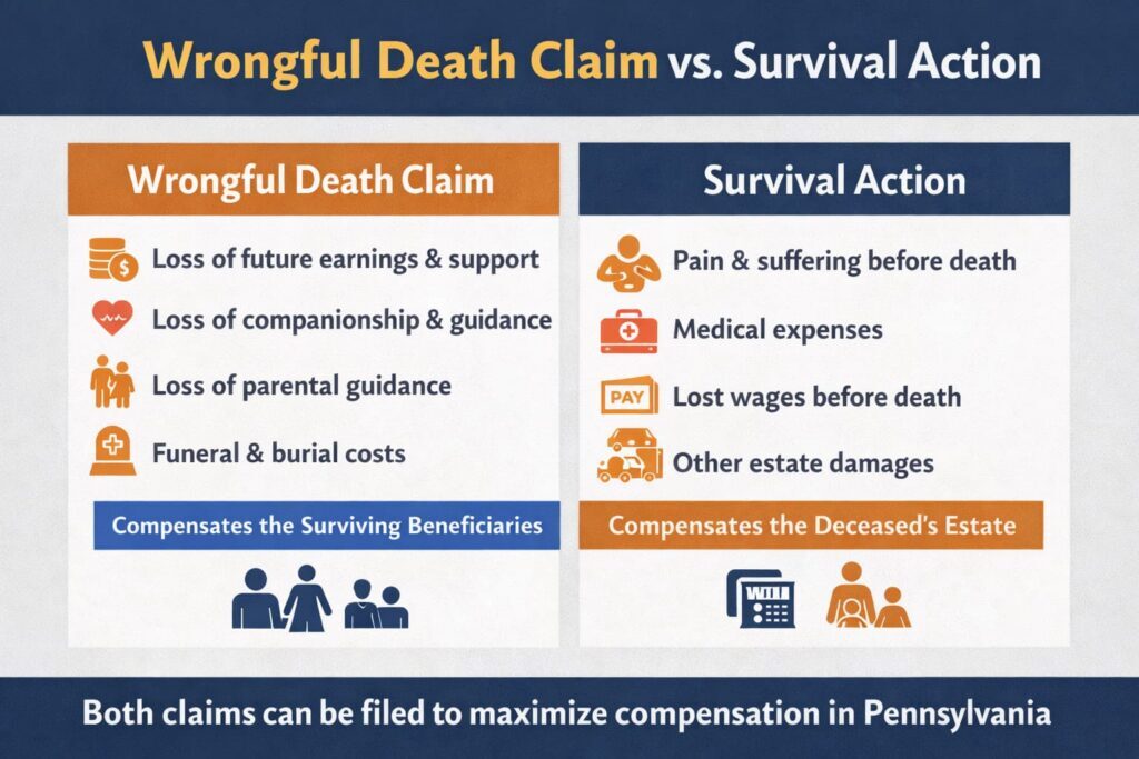 Infographic explaining the difference between wrongful death claim and survival action under Pennsylvania law
