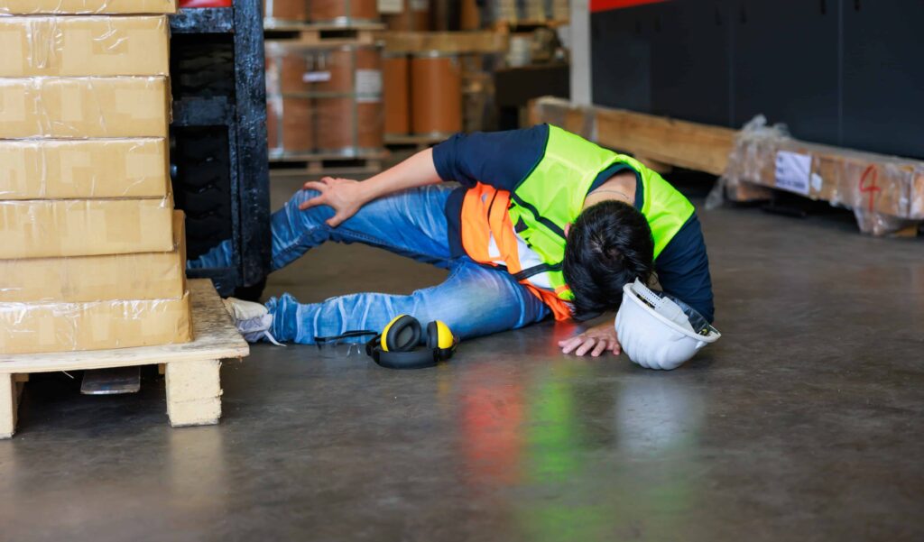 Warehouse worker injured on the floor after an accident near stacked boxes and equipment. Warehouse worker injured on the floor after an accident near stacked boxes and equipment.