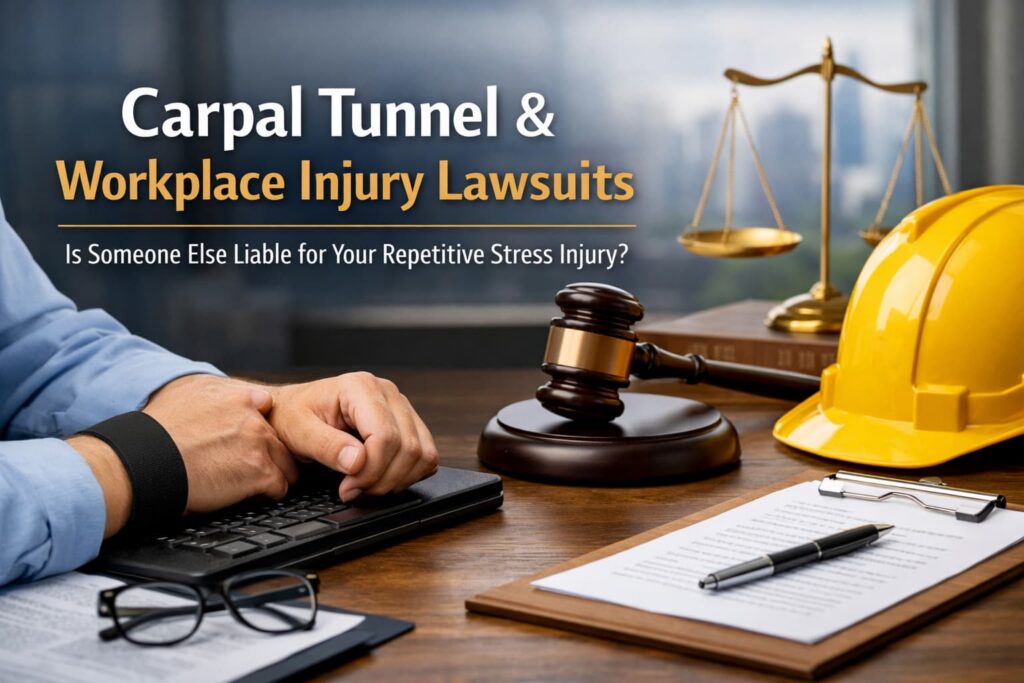 Worker using ergonomic keyboard with wrist brace beside legal gavel and hard hat symbolizing carpal tunnel workplace injury lawsuit