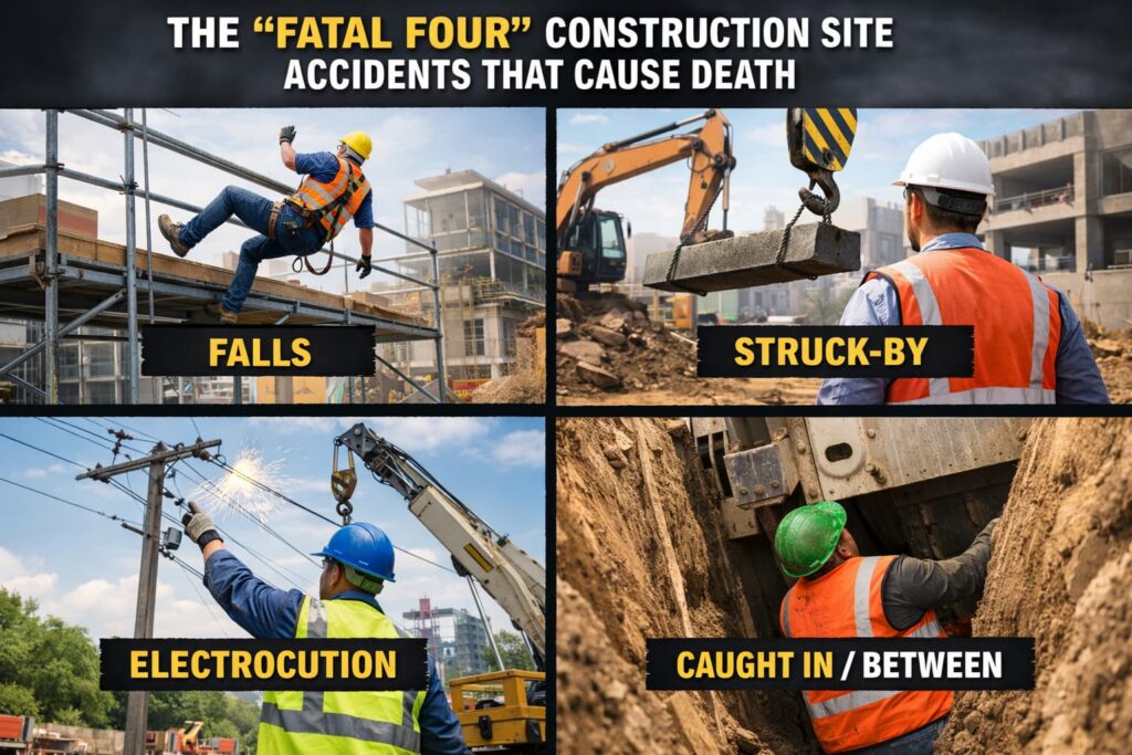 Construction site fatal four hazards including fall from scaffolding, struck-by crane load, electrical hazard near power lines, and trench caught-in risk