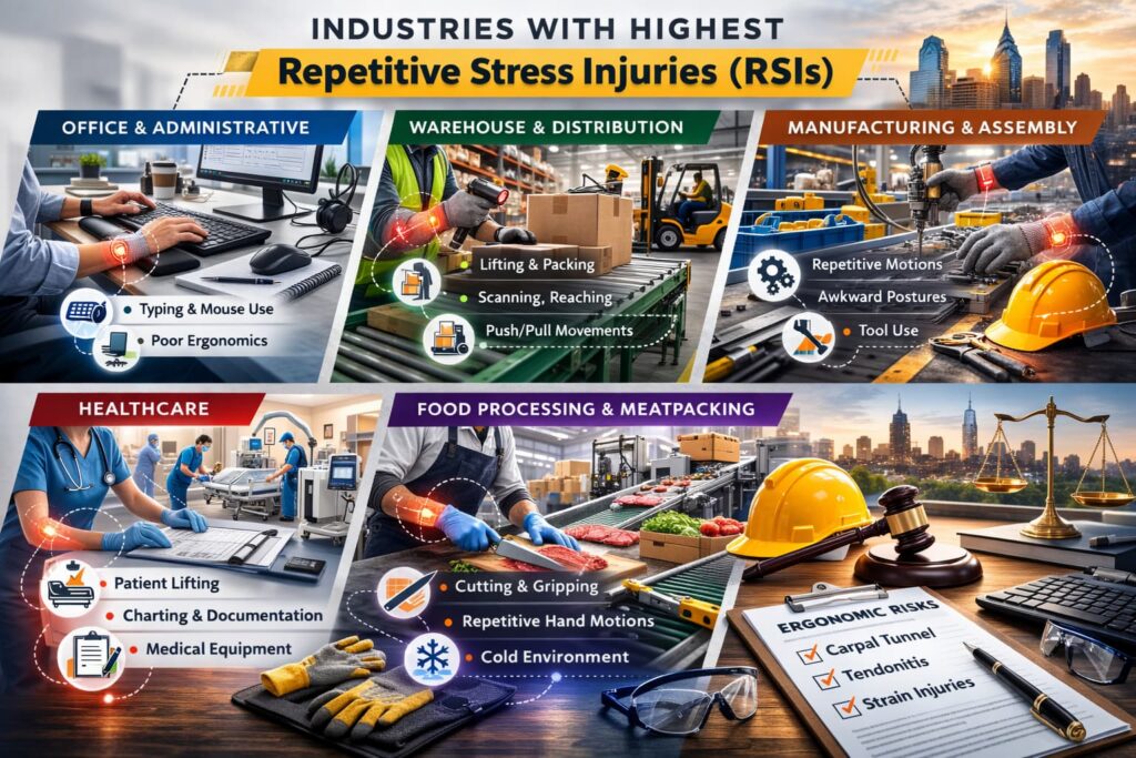 Infographic showing industries with highest repetitive stress injuries including office work, warehouse, manufacturing, healthcare, and food processing