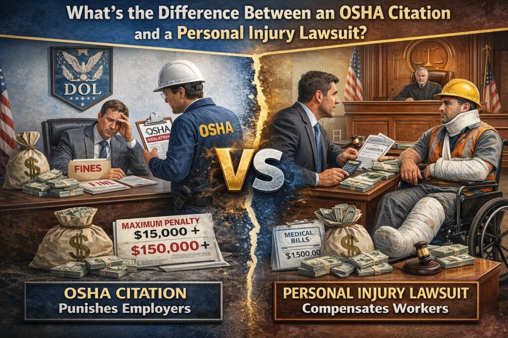 Infographic showing the difference between an OSHA citation and a personal injury lawsuit, comparing employer fines with worker compensation in a courtroom setting