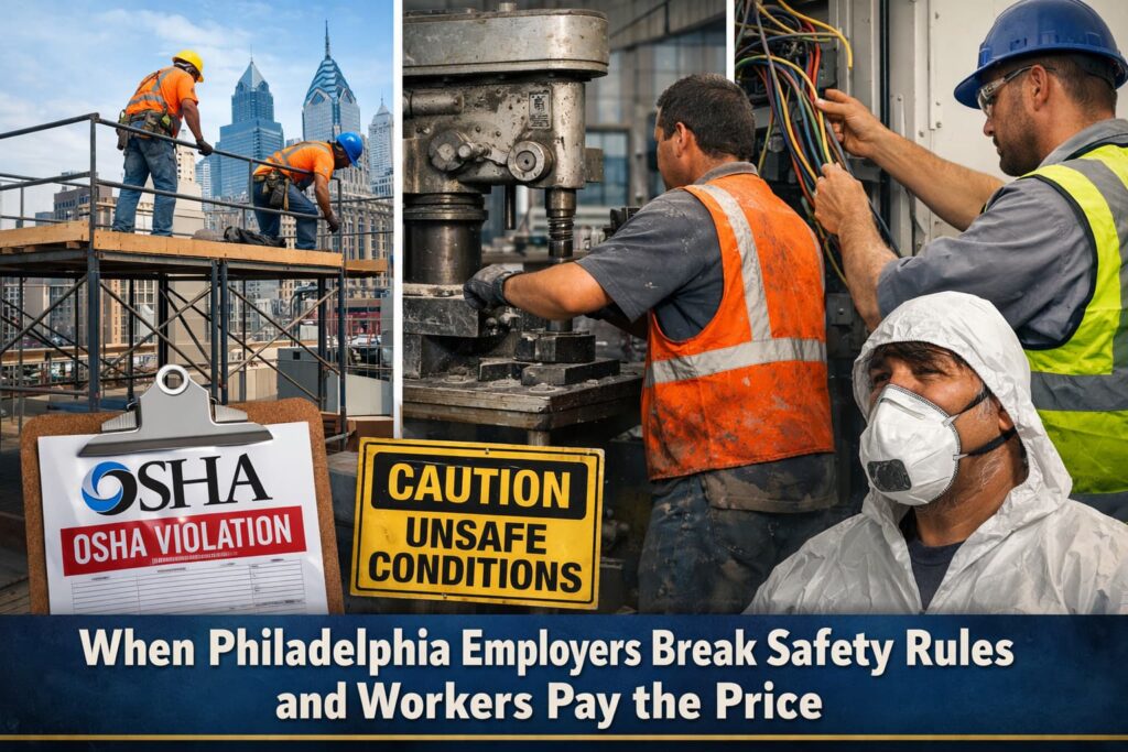 Philadelphia workplace safety violations on construction site and industrial facility showing OSHA citation and unsafe working conditions