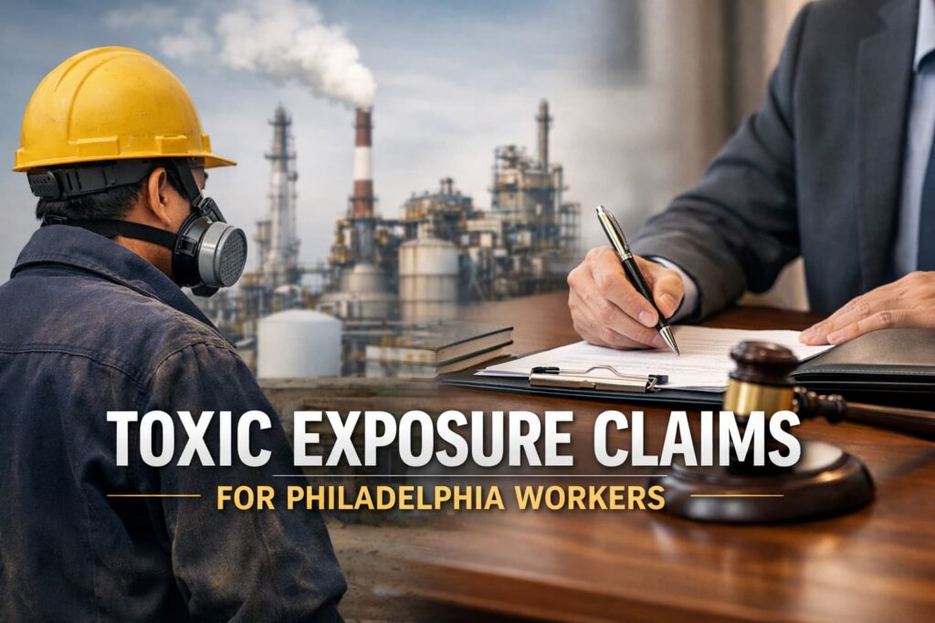 Philadelphia toxic exposure claims image showing industrial worker in protective gear and attorney reviewing legal documents