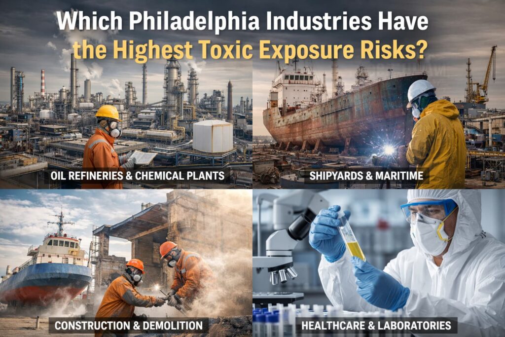 Infographic showing Philadelphia industries with highest toxic exposure risks including refineries, shipyards, construction, healthcare, and manufacturing