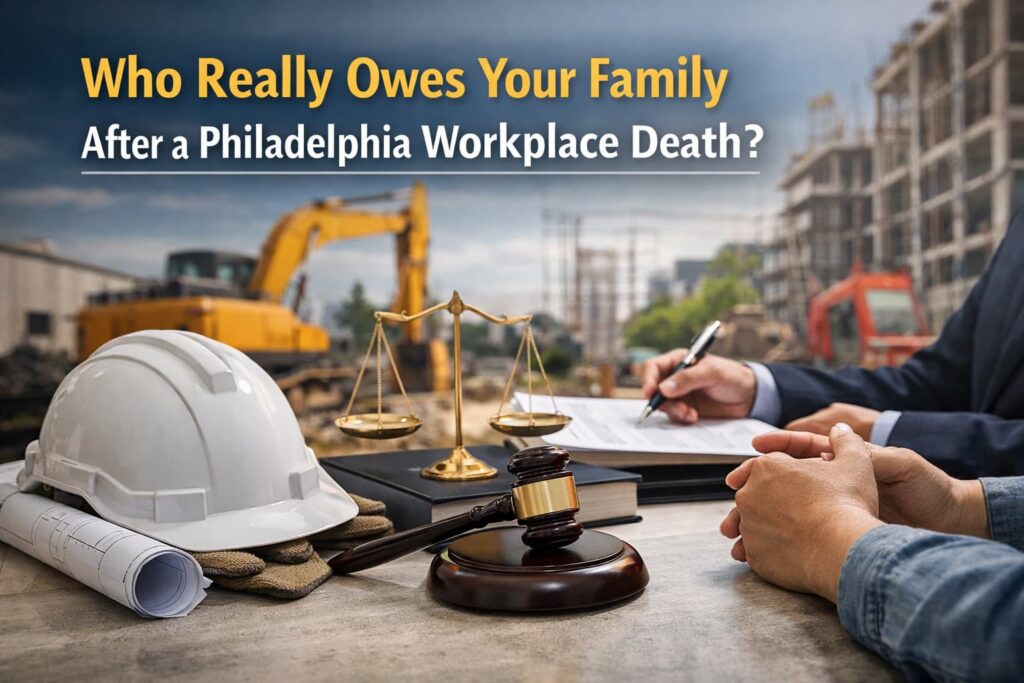 Philadelphia workplace wrongful death claim consultation with construction site background and legal scales of justice