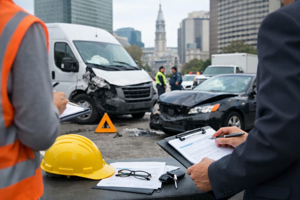 Workplace vehicle accident scene in Philadelphia involving company van and passenger car during work hours